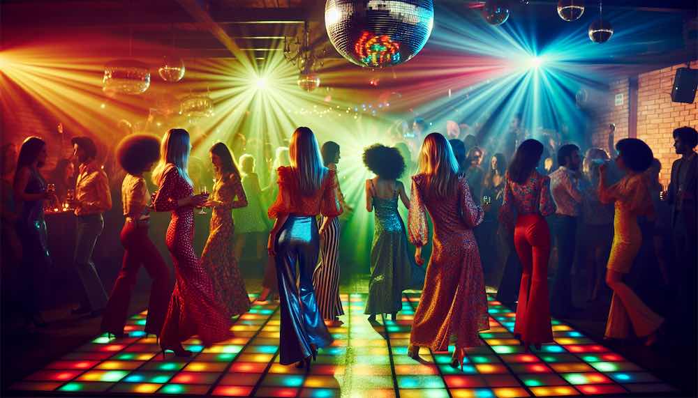 Energetic disco dance-off at a 70s-themed bachelorette party