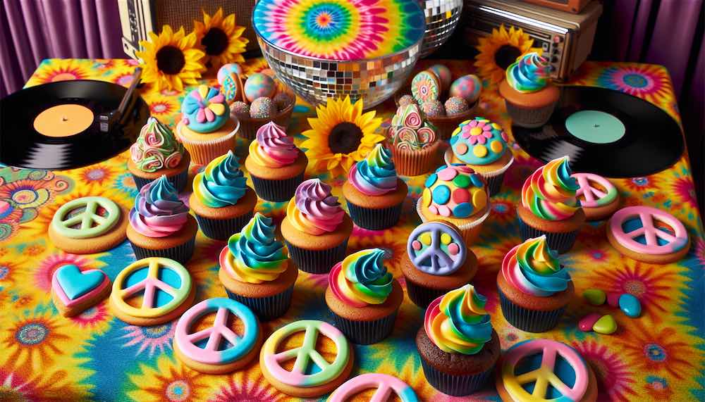Colorful and retro 70s-inspired desserts at a bachelorette party