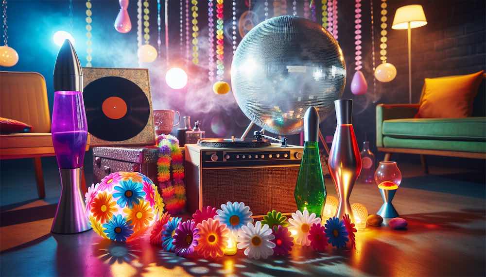 Colorful 70s bachelorette party decorations including disco balls and daisies