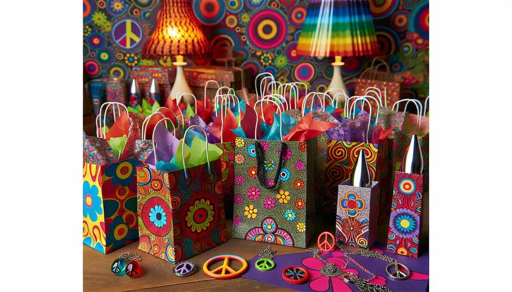 Charming flower power goodie bags as 70s-themed bachelorette party favors