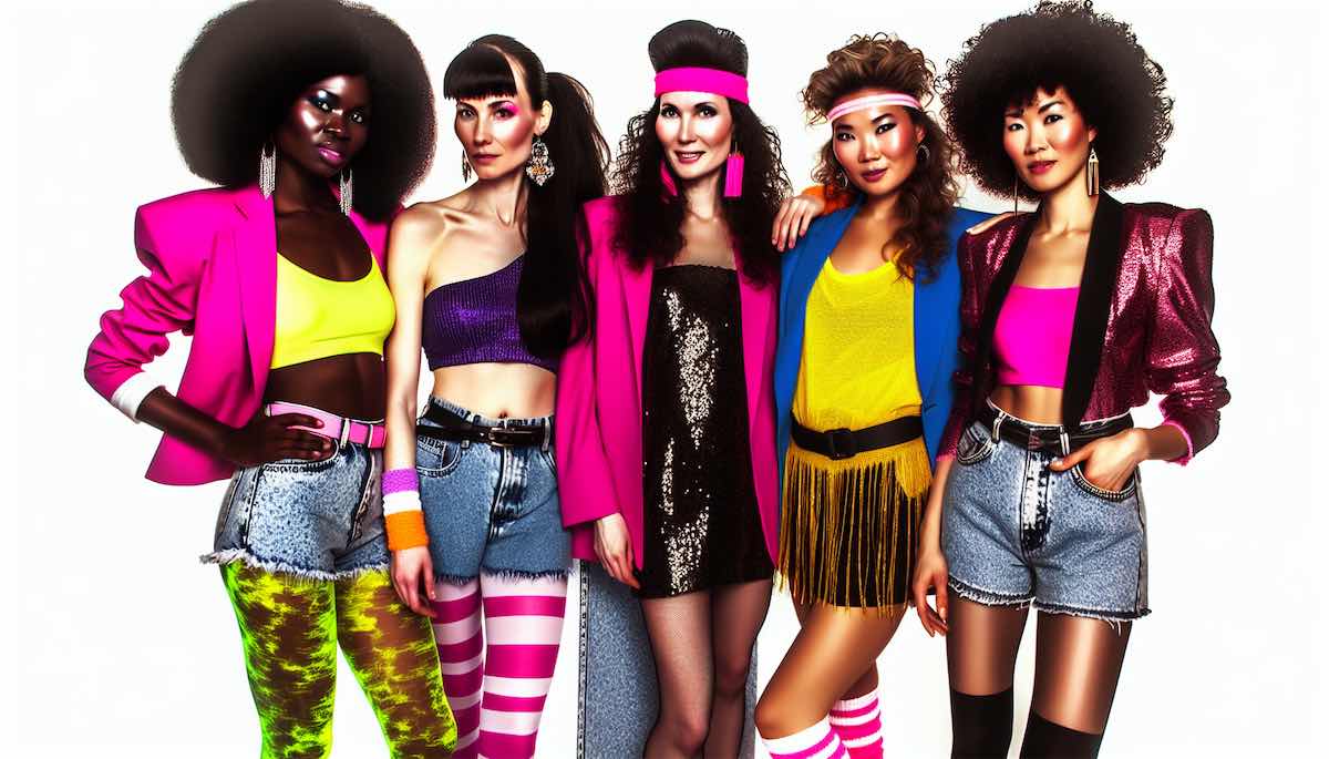 Group of friends dressed in iconic 80s fashion at a themed party