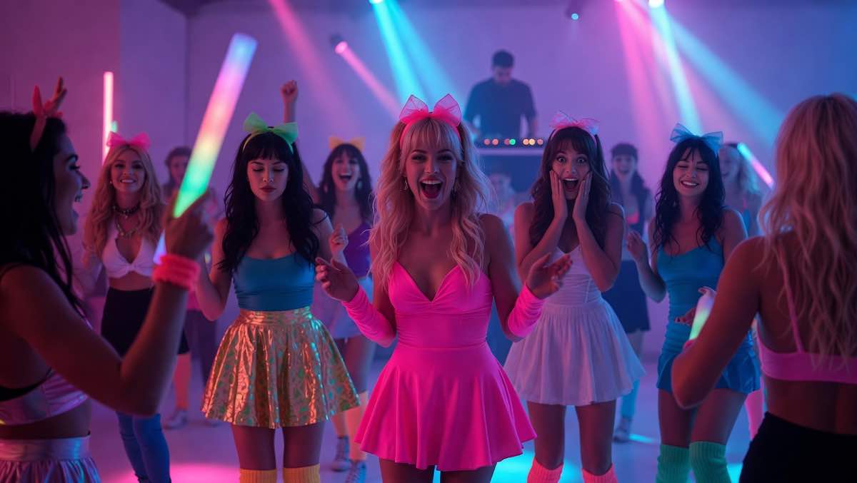 Bachelorettes dancing at an 80s-themed party. 