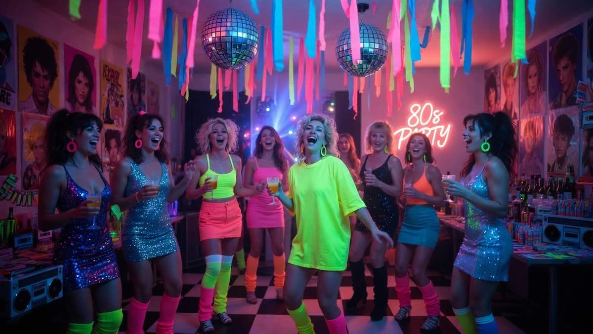A room decoated with glow stocks, disco balls, posters of eighties icons and neon.
