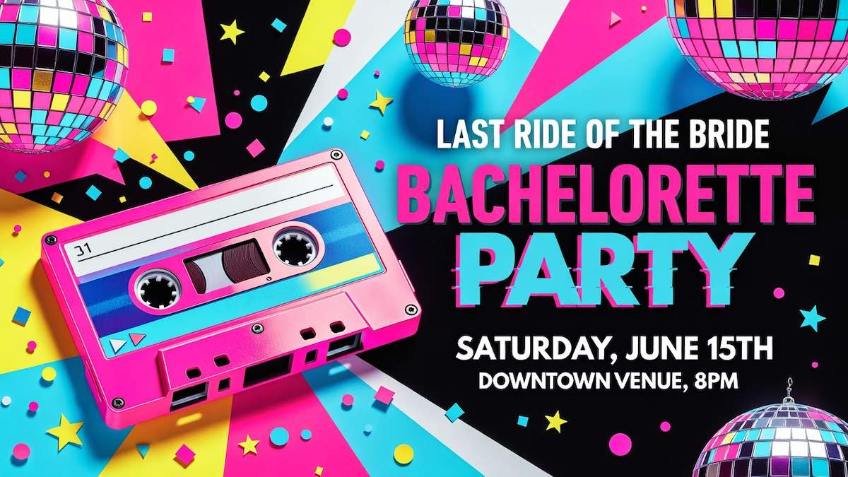 A colorful invitation to an 80s themed bachelorette party, with neon color and cassette tape. 