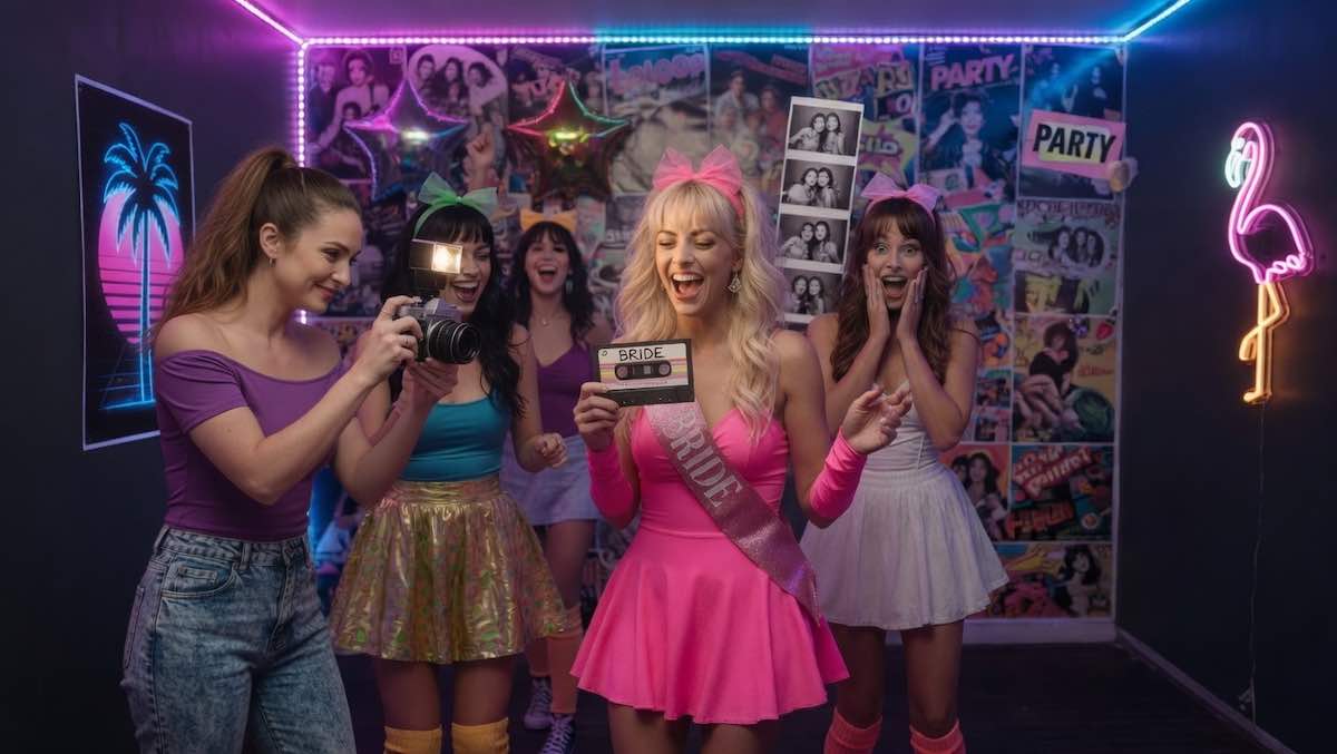 Group of friends posing with retro props in an 80s-themed photo booth