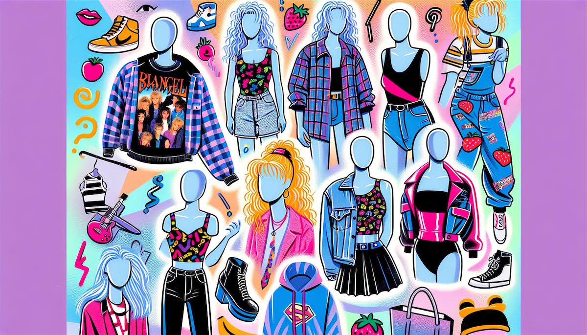 A collage of iconic 90s outfits including grunge and pop princess styles