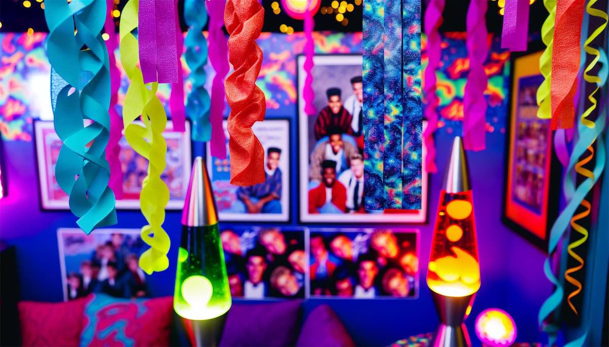 Colorful 90s party decorations including neon colors and boy band posters