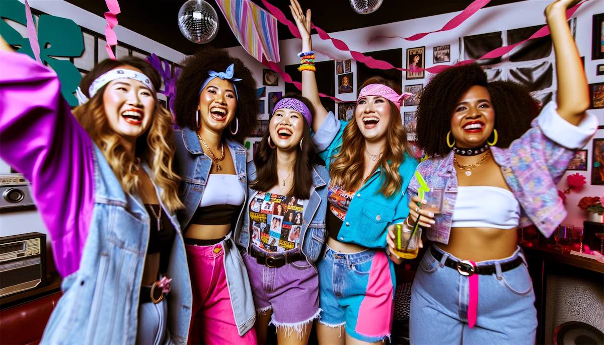 A group of friends dressed in 90s outfits celebrating at a bachelorette party