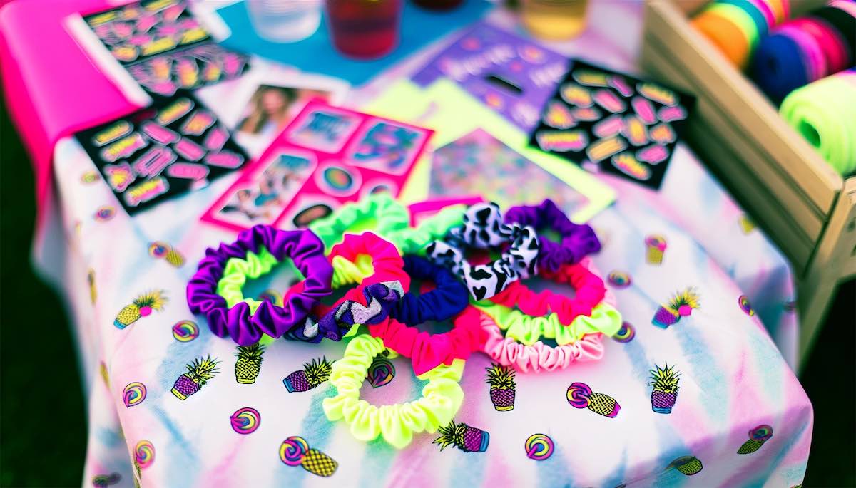 Colorful and fun 90s-inspired party favors including scrunchies and temporary tattoos