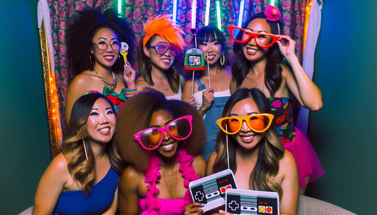 Friends posing with 90s-themed props in a photo booth at the bachelorette party
