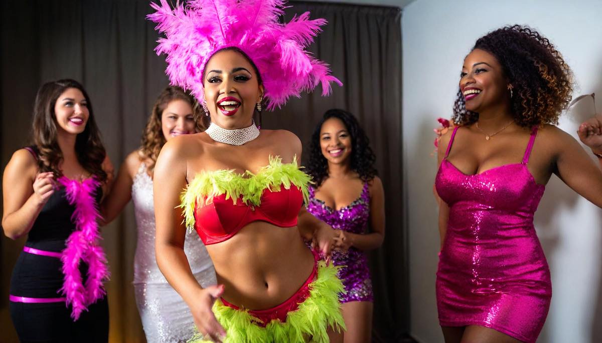 A burlesque artist giving striptease lessons to a group of girls at a bachelorette party