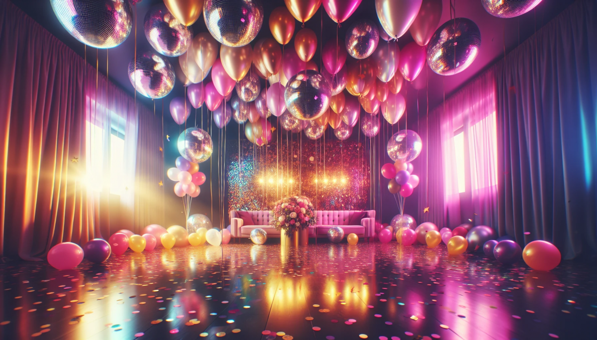 Colorful disco bachelorette party decorations including disco balls, balloons, and confetti