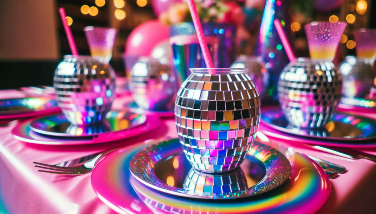 Funky disco ball cups and holographic plates for the disco bachelorette party