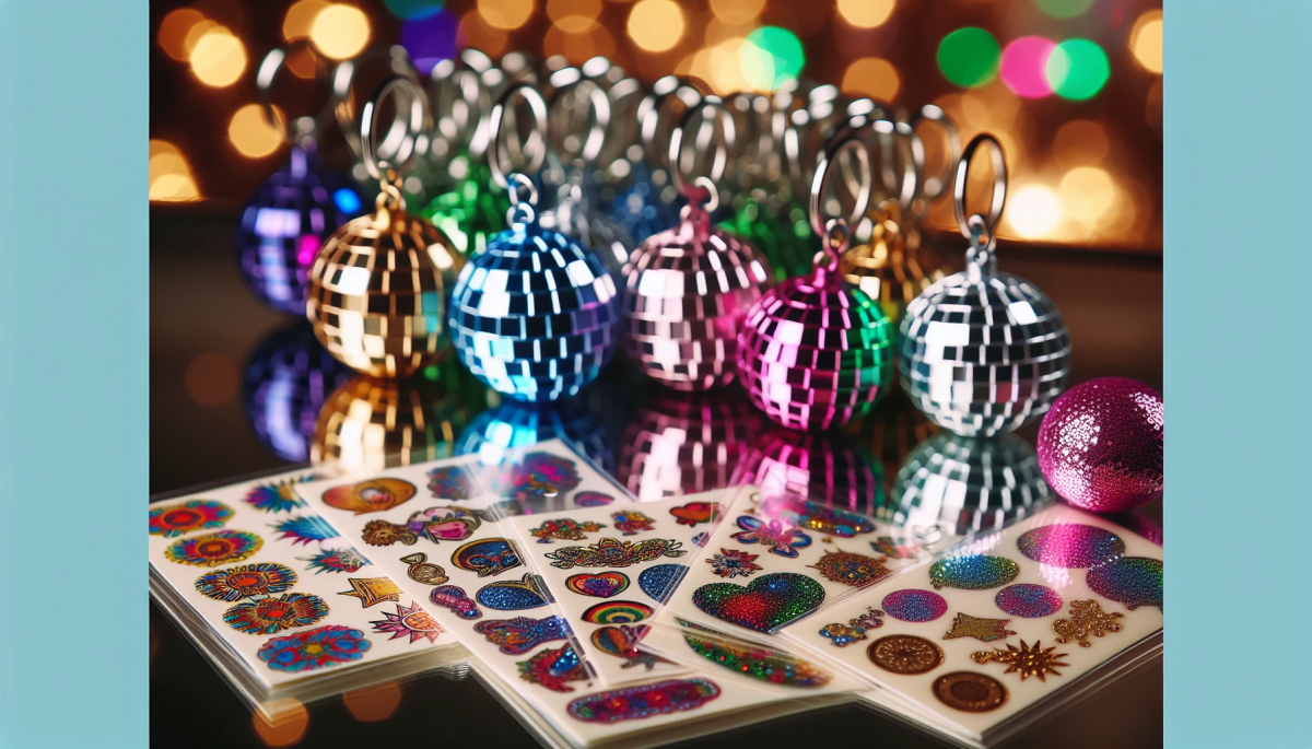 Groovy disco ball keychains and temporary tattoos as party favors for the disco bachelorette party