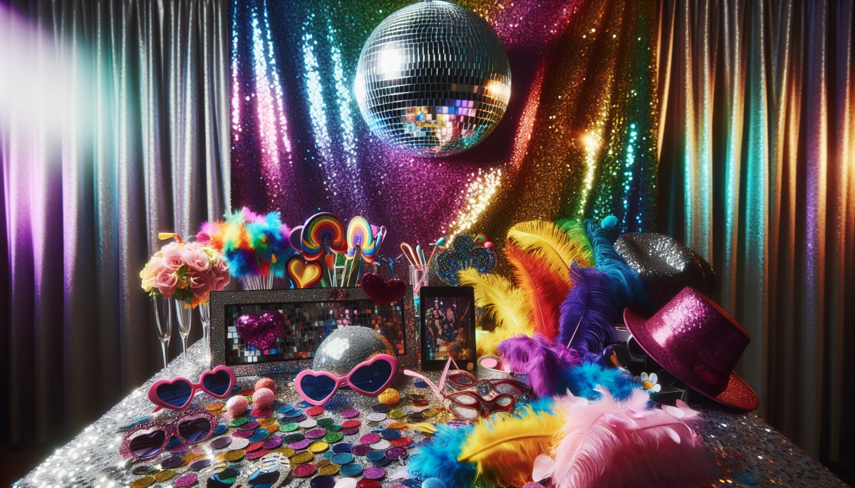 DIY disco photo booth with fun props and backdrops for the disco bachelorette party