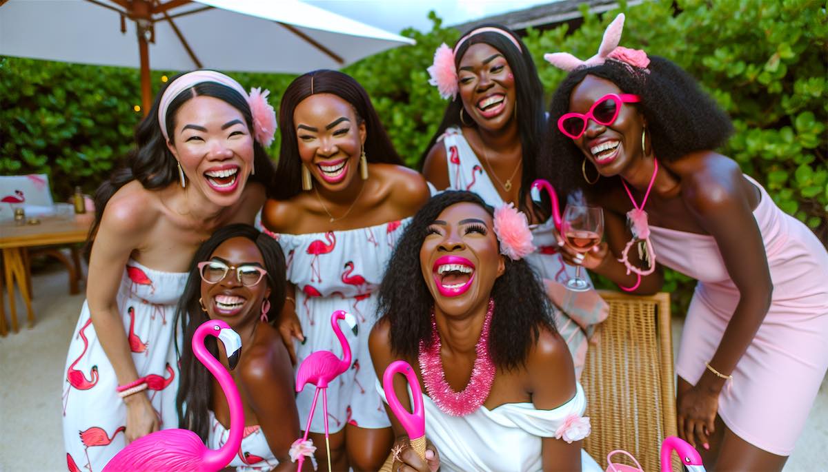 Bride and bridesmaids in flamingo-themed attire