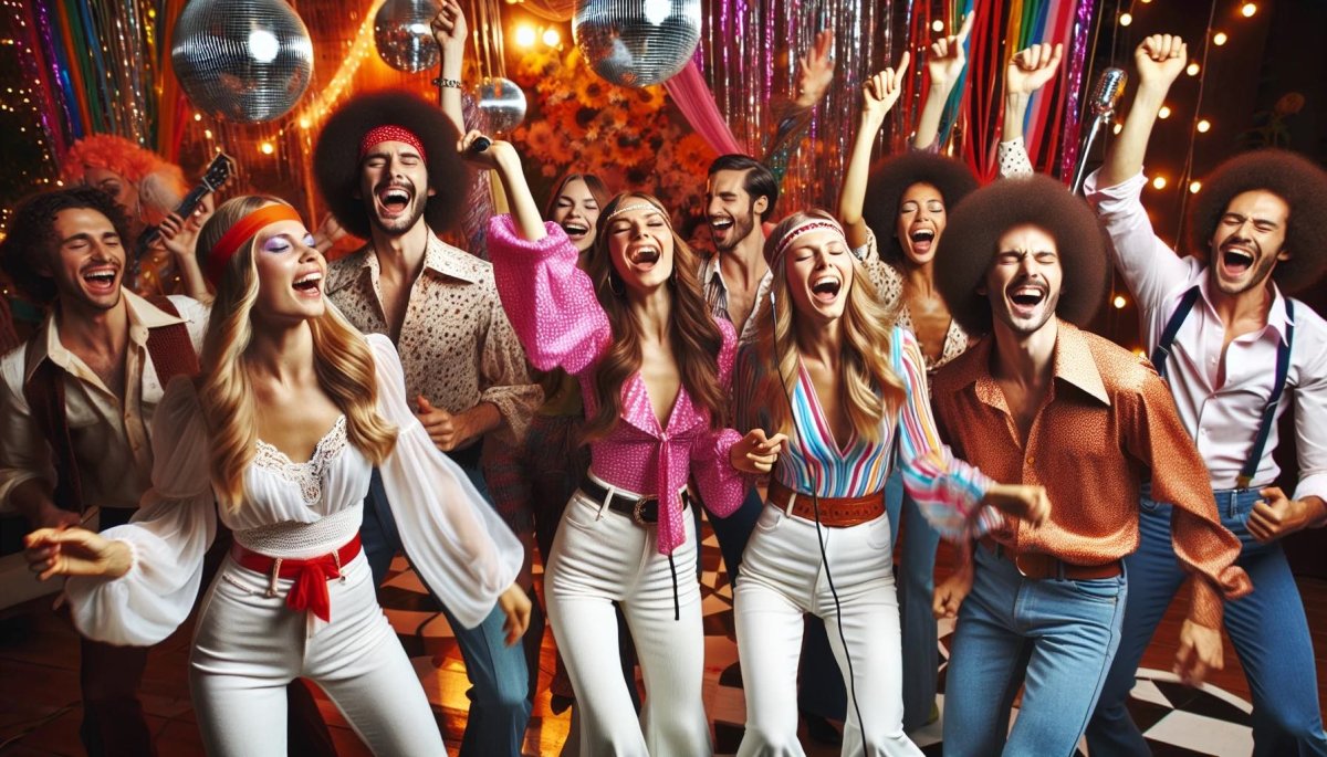 A group of friends dancing and singing at a Mamma Mia themed bachelorette party