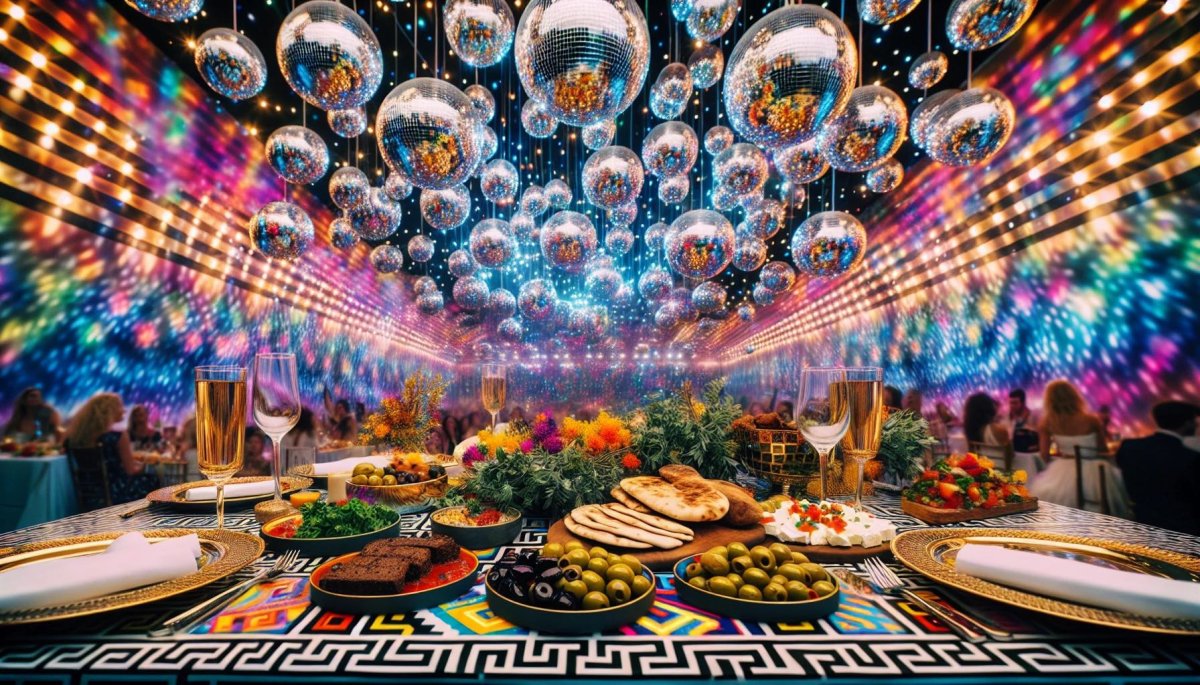 A Mamma Mia themed table setting with disco and Mediterranean elements