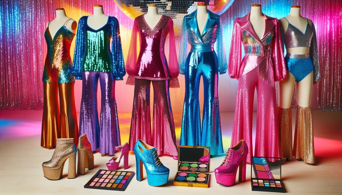 A collection of 70s-inspired disco outfits for a Mamma Mia bachelorette party