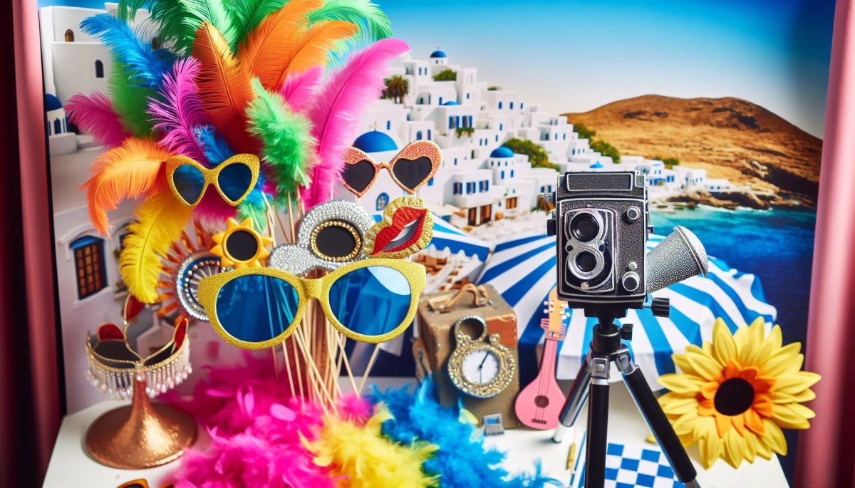 A Mamma Mia inspired photo booth with fun props for capturing memories