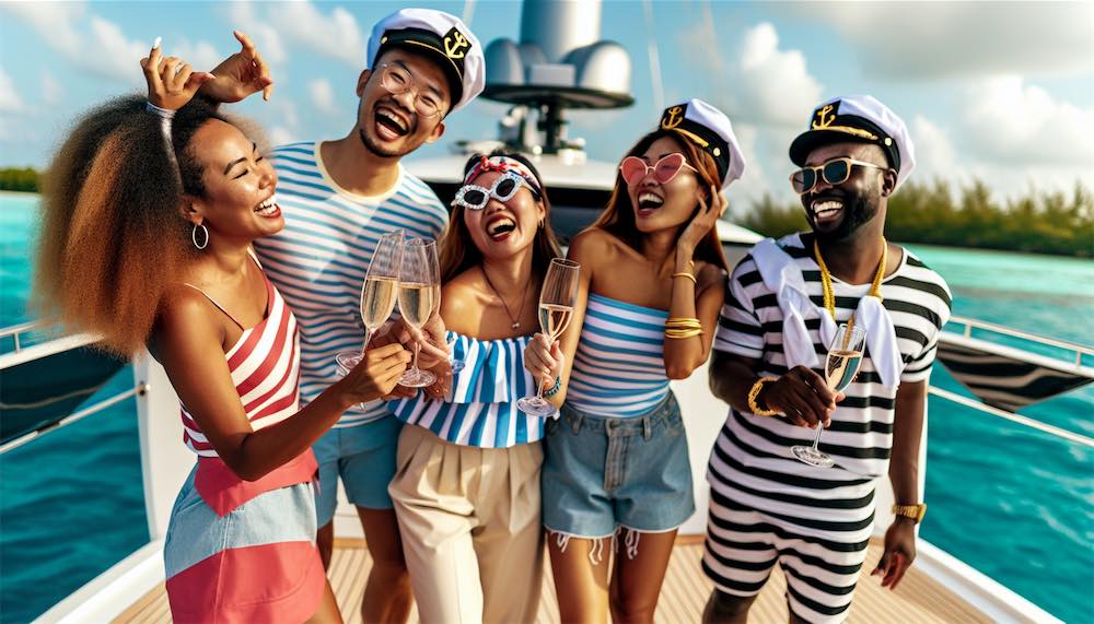 A group of friends celebrating on a boat during a nautical bachelorette party