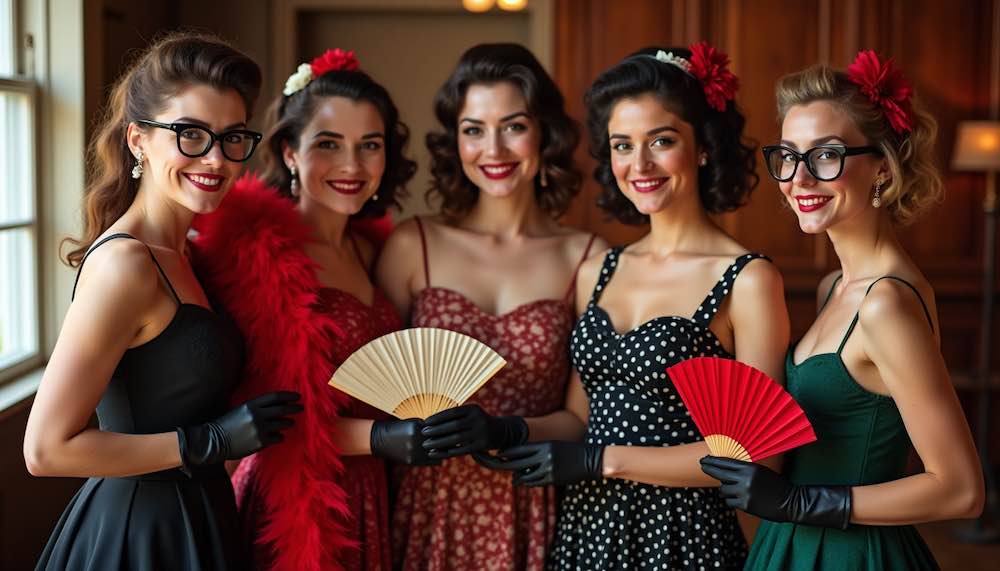 A squad of bachlerettes dressed up for a retro pinup photo shoot