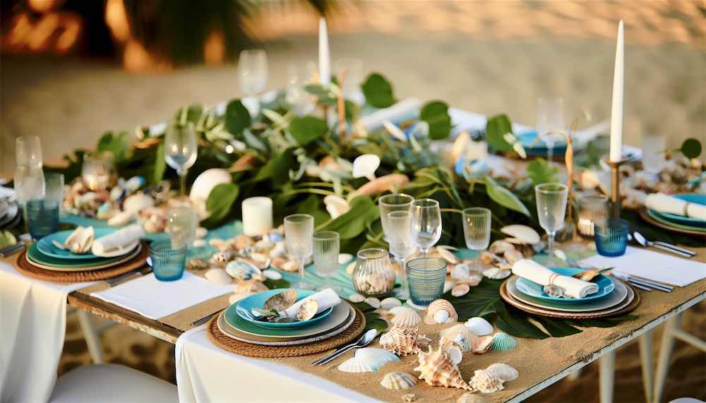 Beach-inspired tablescape with sand and seashells