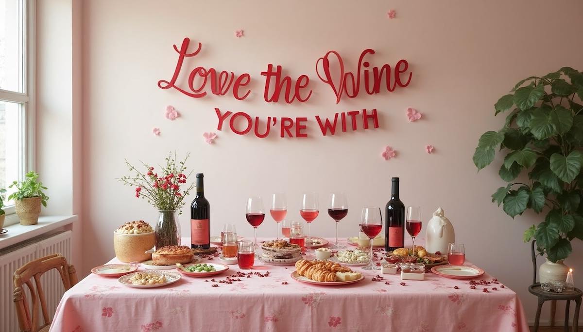 A room and table decorated for a wine-tasting bachelorette party